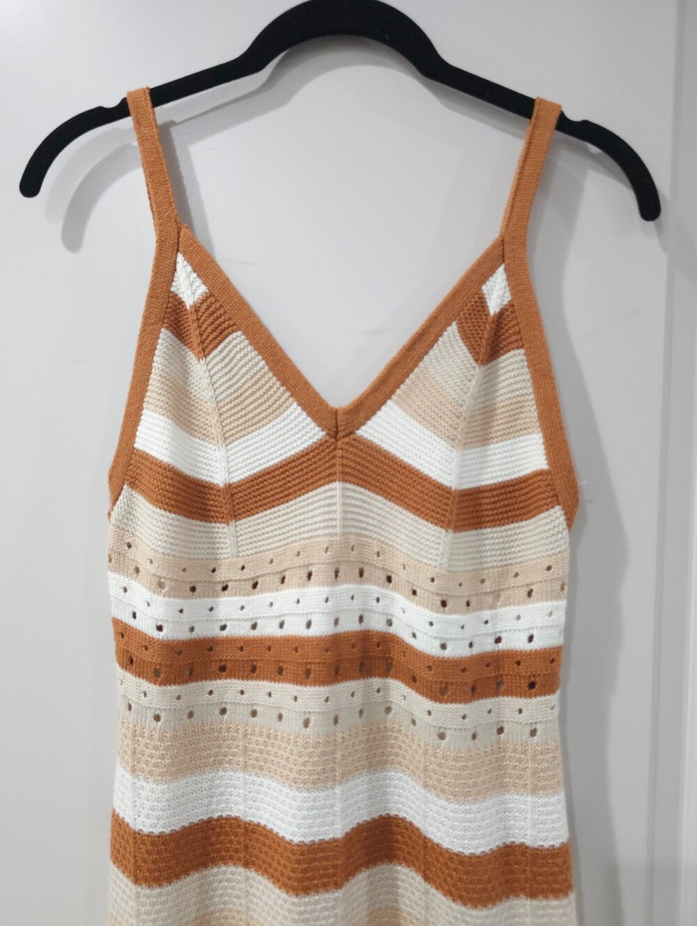 ULTRA FLIRT Boho Crochet Knit Stripe Mini Dress, Vacation, Festival, Cream Brown - Picture 3 of 10